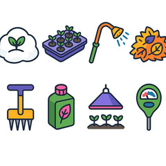 Fototapeta premium Plant Care Icons. Year-round plant maintenance isometric flat set: snow cover protection, seed-starting tray, heat-tolerant watering wand, fall leaf pile, soil aerator, nutrient