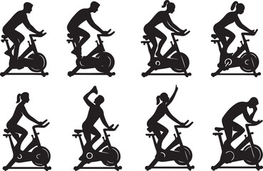 Fototapeta premium Indoor cycling stationary bike workout, spin class poses, gym cardio training, fitness exercise silhouette vector illustration set