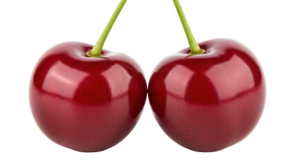 Two ripe red cherries PNG isolated on transparent background, fresh summer fruit for healthy eating and dessert design