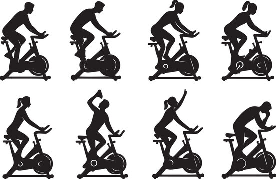 Indoor cycling stationary bike workout, spin class poses, gym cardio training, fitness exercise silhouette vector illustration set