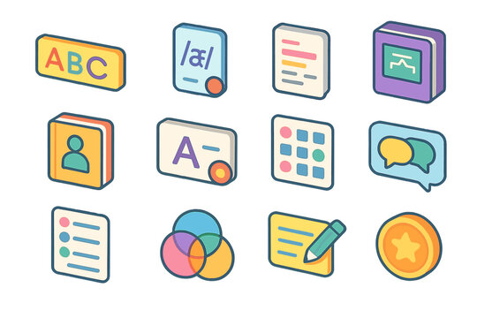 Linguistic Education Icons. Linguistic Education Set isometric flat set: alphabet strip, phoneme card, glossary page, grammar guide, learner workbook, study flashcard, activity