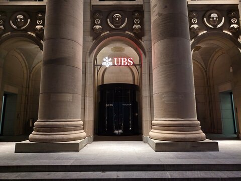 Lucerne,Switzerland-Sep.30th 2025: UBS bank facade at night