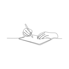 A continuous line drawing of hands writing or drawing on a blank page
