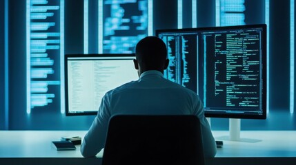 Focused programmer immersed in code analysis on multiple monitors workstation