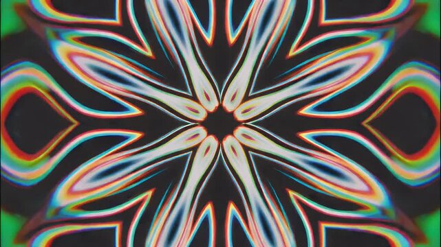 Symmetrical abstract pattern with vibrant chromatic aberration effects centered on a dark background.
