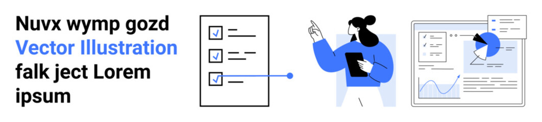 Data management, analytics presentation, workflow planning, research insights, professional report, project execution. A person gestures towards graphs and a checklist. Data management and analysis