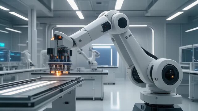 Clean room with multiple white robotic arms performing intricate tasks, symbolizing medical, scientific, or high-precision manufacturing automation.