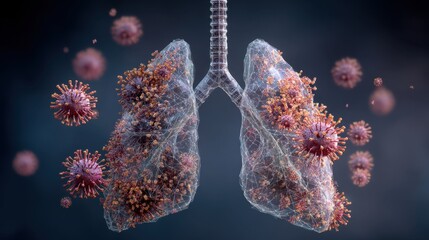 Transparent human lungs with virus cells on abstract dark background. Concept of respiratory disease, pneumonia, and viral infection for medical illustration.