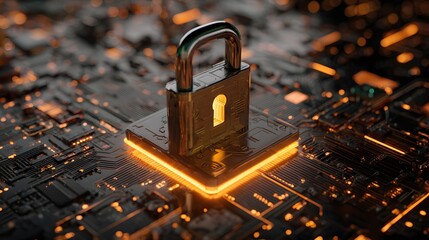 Digital Padlock Symbolizing Cybersecurity and Data Protection on Circuit Board.
