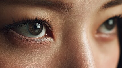 Fototapeta premium Calm gaze: close-up of Asian eyes with natural skin tone and subtle makeup