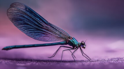 Calm insect portrait: blue dragonfly atop a purple surface under natural light
