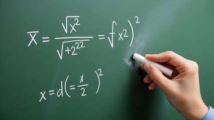 Close-up of a hand holding chalk, writing complex mathematical formulas on a green chalkboard, representing education, science, and problem-solving.