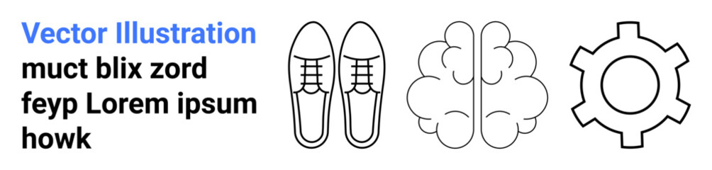 Line art showing shoes, brain, and gear representing creativity, intelligence, effort, and productivity. Ideal for education, business, teamwork innovation mental health problem-solving simple