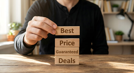 Businessman Holding Wooden Blocks with Words Best Price Guaranteed Deals for Promotional Marketing