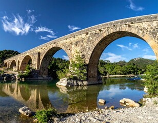 Fototapeta premium Ancient stone bridge with archways spanning a tranquil river. Lush trees line the banks, under a bright blue sky