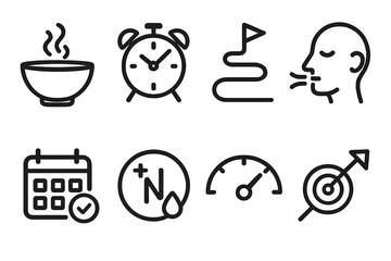 Holistic Habit Icons. Holistic habit alignment linear set: mindful eating bowl, rest clock, activity path, calm breath icon, daily planner, nutrient symbol, wellness gauge, aligned