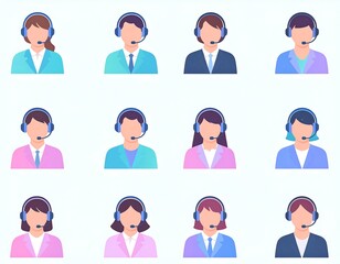 Assortment of colorful, flat-design avatar icons depicting diverse people with headsets, for customer support or call center concepts