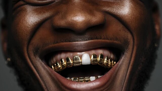 Smiling man shows off gold dental grills in a close-up shot, capturing unique style and confidence