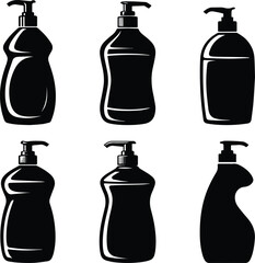 Set of Minimalist black dish soap bottle detergent silhouette vector icon