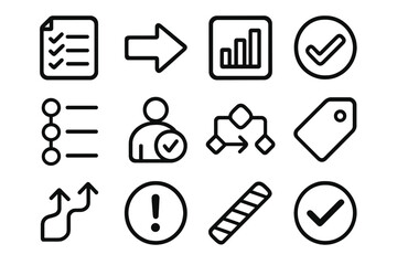 Efficient Workflow Icons. Responsible Task Execution Symbols linear set: duty checklist, task arrow, clarity bar, verification icon, organized steps, focused action, workflow