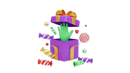 Gift Box with Hand Reaching for Candy - 3D Render