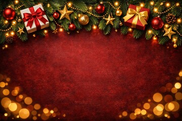 Festive Christmas Event Banner: Luxury Red Background with Top Border Decorations and Center Copy Space for Social Media Ads.