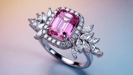 Elegant ring with radiant-cut pink gemstone at center, surrounded by round and marquise-cut diamonds in floral arrangement on silver band, placed on soft gradient background, luxury and romance