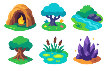 Naklejka premium Mystic Isometric Icons. Mystic Dwelling Places isometric flat set: elemental cave, ethereal grove, enchanted brook, ancient tree base, glowing marsh, arcane ridge.