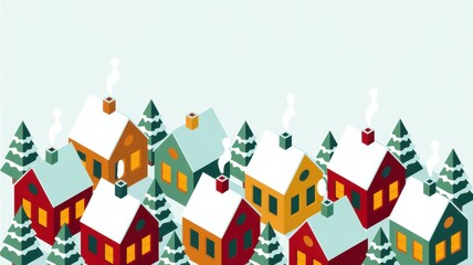 Obraz premium Colorful winter village with snow-covered rooftops, smoking chimneys and pine trees in a flat cartoon style, creating a festive and cozy seasonal scene