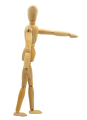 Wooden jointed figure posed as if standing upright and holding arm out in front as if pointing