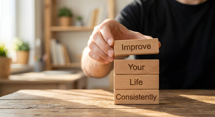 Motivational hand stacking wooden blocks with the words Improve Your Life Consistently creating an inspiring