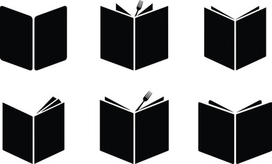Set of Minimalist black open restaurant menu book silhouette vector icon