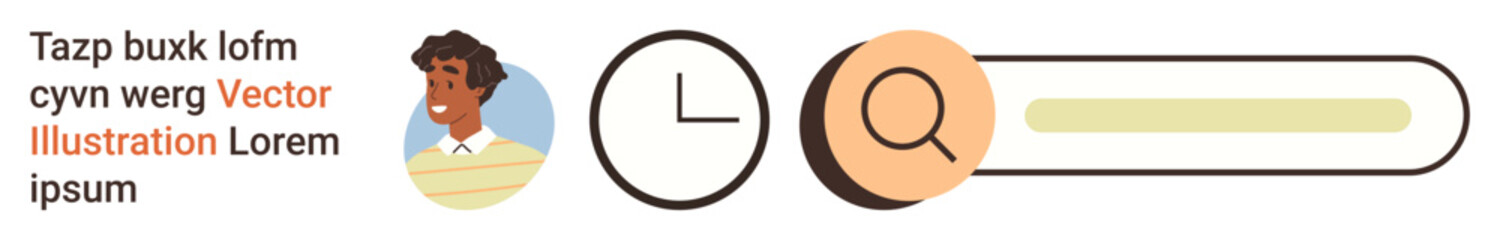 Online search, user profiles, time management, information browsing, digital tools, UX design. A magnifying glass, clock icon and user avatar in a clean layout. Online search and user profiles © robu_s