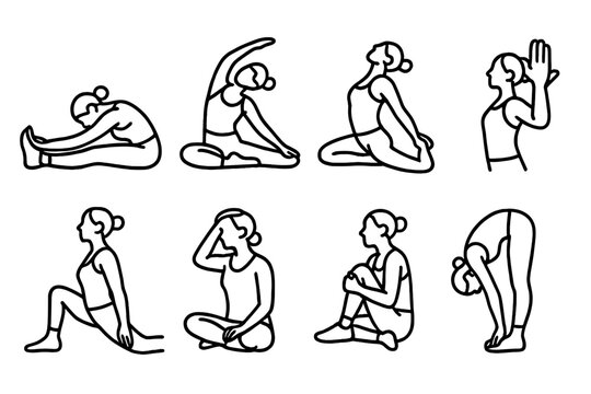 Flexibility Exercise Icons. Flexibility routine elements linear set: seated forward fold, side bend, chest opener, wrist stretch, hip flexor lunge, neck tilt, knee hug, toe touch.