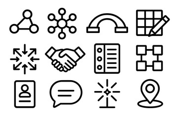 Cross-Functional Symbols. Cross-Functional Teamwork Symbols linear set: department links, expertise nodes, integration bridge, joint planning board, coordination arrows, resource