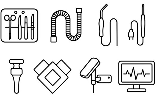 Surgical Instruments Icons. Surgical Aid Devices linear set: instrument organizer, ventilation tubing, fluid suction wand, cautery switch, trocar handle, sterile wrap, arm