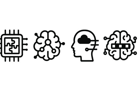 AI Architecture Icons. Innovative AI Architectures linear set: concept-fusion block, adaptive-creation bead, dynamic-thought strip.