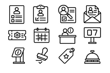 Client Service Icons. Client Intake Process linear set: intake form, clipboard, ID check icon, request envelope, service ticket, appointment calendar, welcome desk, queue number