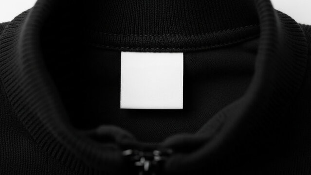 A mockup of a blank white label inside the collar of a black zip-up jacket. A clean and professional template for showcasing fashion brand logos.
