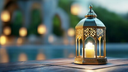 Ramadan Background Featuring Illuminating Ornate Lantern with Soft Candle Light