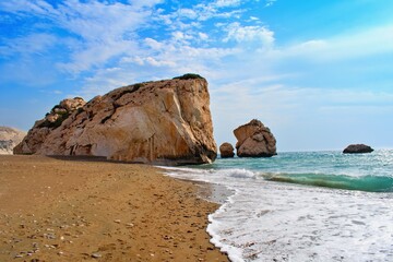 Iconic Aphrodites Rock on the beach Petra tou Romiou. Cyprus