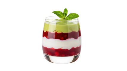 Delicious layered dessert in glass isolated PNG, with red berries, cream, and green avocado mousse, topped with fresh mint, on transparent background