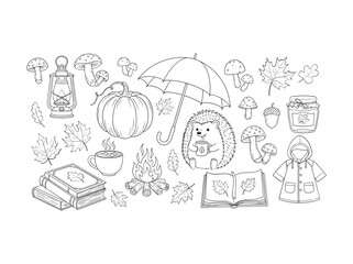 Cozy autumn scene with hedgehog and nature elements