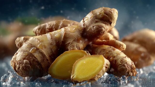 Fresh ginger root with droplets highlighting its texture and color in a bright setting