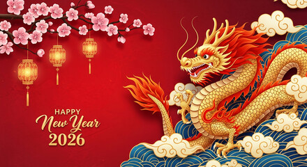 Obraz premium Festive graphic with a golden dragon, cherry blossoms, and lantern on a red background, celebrating the year 2026, representing Chinese New Year celebration