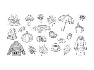 Cozy autumn elements set with warm clothing and beverages