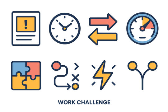 Work Challenge Icons. Work Challenge flat set: complex task card, deadline clock, shifting arrows, pressure gauge, puzzle grid, strategy node, tension spark, decision point.
