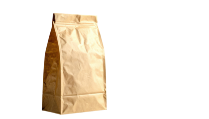 A close-up shot of a beige paper bag against a stark black backdrop. The bag is standing upright