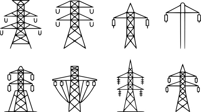 Collection of Diverse Electrical Transmission Tower Line Art Icons