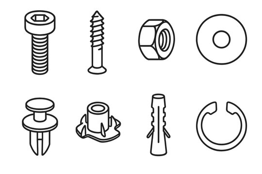 Fasteners Icon Set. Mechanical fastener set linear set: socket bolt, lag screw, nyloc nut, fender washer, snap rivet, T-nut, wall anchor, retaining ring.